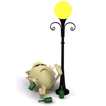 Yellow haired drunkard puppet sleep near metal latern