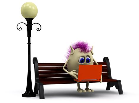 Pink haired puppet using orange laptop on bench