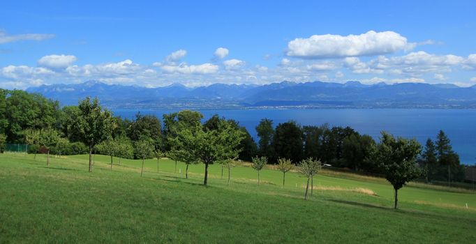 Panoramic view of Geneva Lake and landscape of Vaud canton by beautiful weather, Switzerland