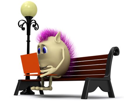 Pink haired puppet using laptop on brown bench