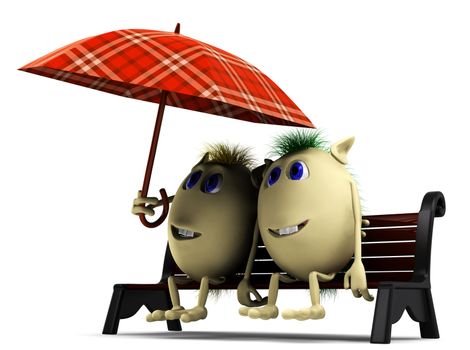 Look on two happy puppets under big umbrella