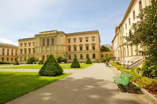 University of Geneva famous old building in the Bastions park. It was built in 1873 and was the first site for university in Geneva. Nowadays, it also contains a public library.