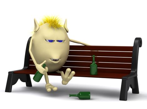 Yellow haired dizzi puppet sitting on park bench