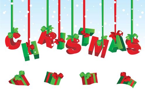 vector 3D christmas text red and green on snow backdrop