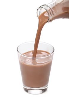 Bottle pouring milk chocolate into a glass