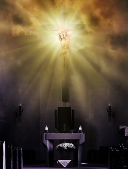 Jesus Christ on the cross in bright light