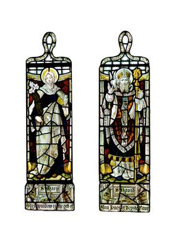 Religious stain glass windows with two panels, on a white background