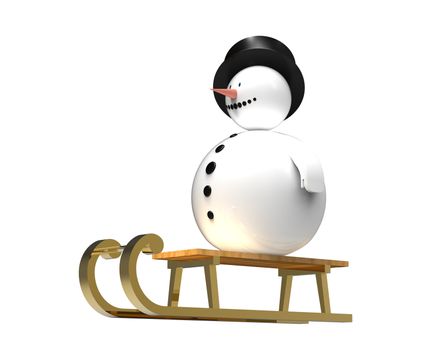 Snowman on golden sledge Christmas decoration isolated on white 3d render