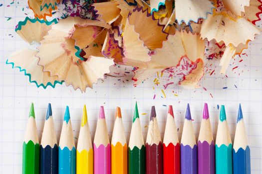 Macro view of colorful pencils and peels