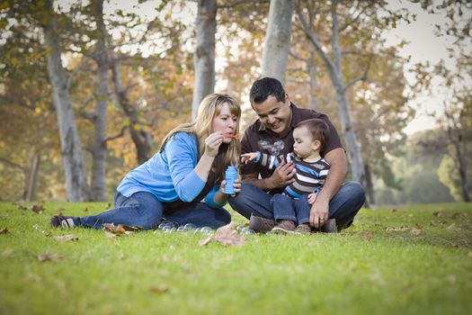 Happy Young Mixed Race Ethnic Family Playing Together with Bubbles In The Park.