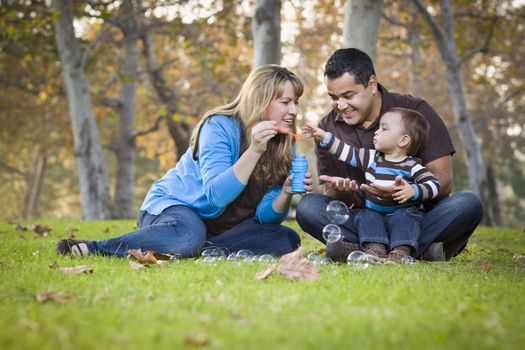 Happy Young Mixed Race Ethnic Family Playing Together with Bubbles In The Park.