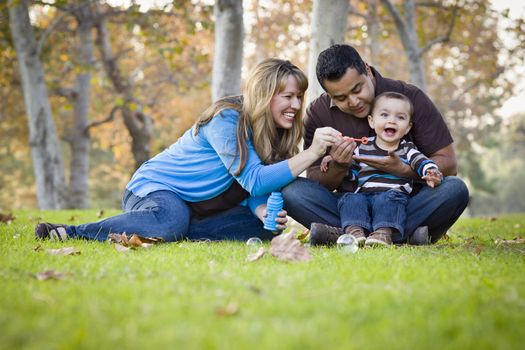 Happy Young Mixed Race Ethnic Family Playing Together with Bubbles In The Park.