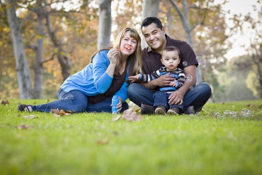 Happy Young Mixed Race Ethnic Family Playing Together with Bubbles In The Park.