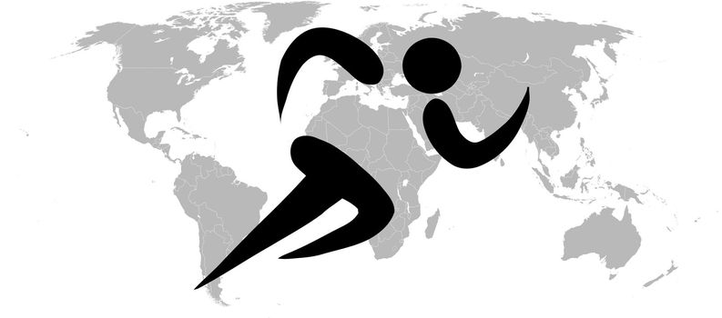 Black silhouetted world runner atheltics sign on white background.