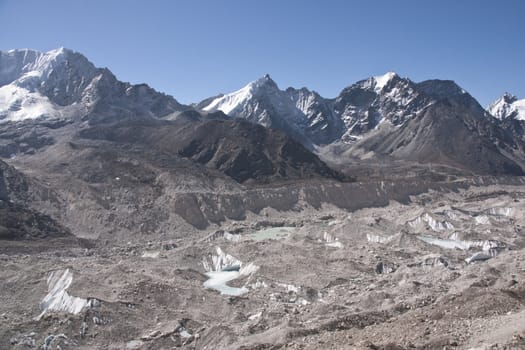 khumbu glacier. Powerful glacier covered in debris 5140m high in the Himalaya mountains of Nepal.