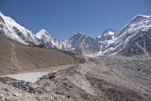 Gorak Shep - small cluster of huts in the shadow of the khumbu glacier. The last accommodation before everest base camp. 5140m high in the Himalaya mountains of Nepal