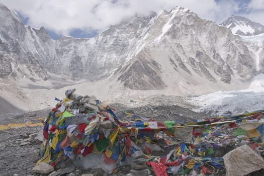 Buddhist Prayer Flags at Everest Base Camp 5364 Metre up in the Himalaya Mountains of Nepal