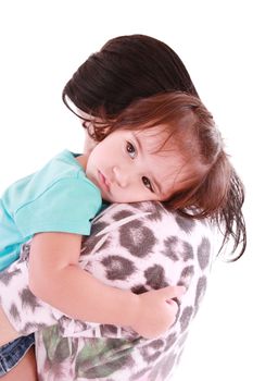 Girl hugging her mom. Isolated on white.