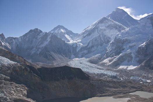 Everest Base Camp on the Khumbu Glacier at the foot of Mount Everest in the Himalaya Mountains of Nepal. Viewed from Kala Patthar (5550m). Mount Everest is the peak in the top right of the image.