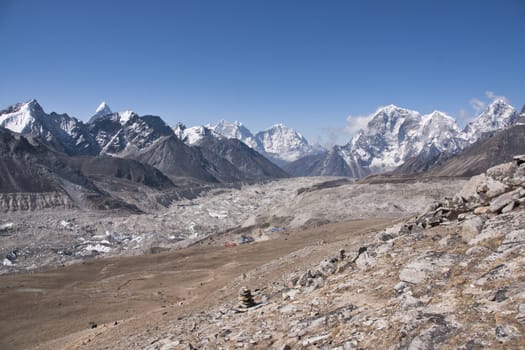 Gorak Shep - small cluster of huts in the shadow of the khumbu glacier. The last accommodation before everest base camp. 5140m high in the Himalaya mountains of Nepal.