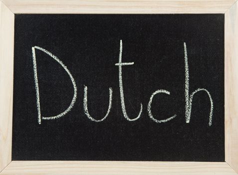 A black board with a wooden frame and the word 'DUTCH' written in chalk.