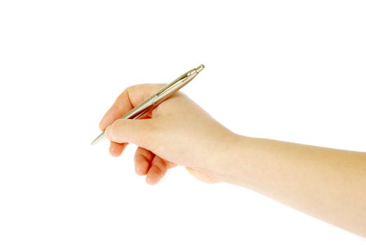 Hand and pen on the white background