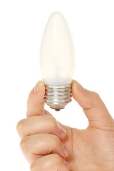  hand holding bulb isolated on white background