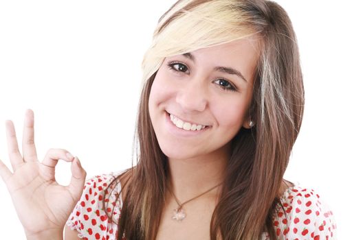 bright picture of lovely teenage girl showing ok sign