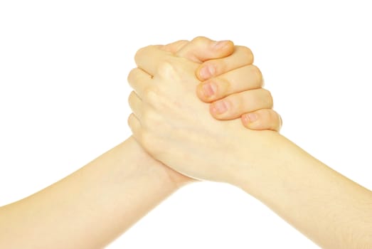 closeup of two men shaking hands isolated over white