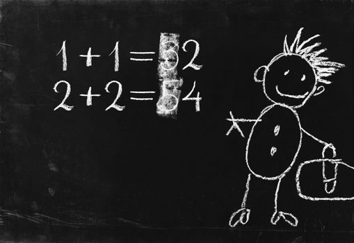 Simple math operation writing chalk on blackboard.