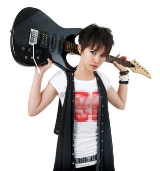 Asian rockstar with guitar isolated on white