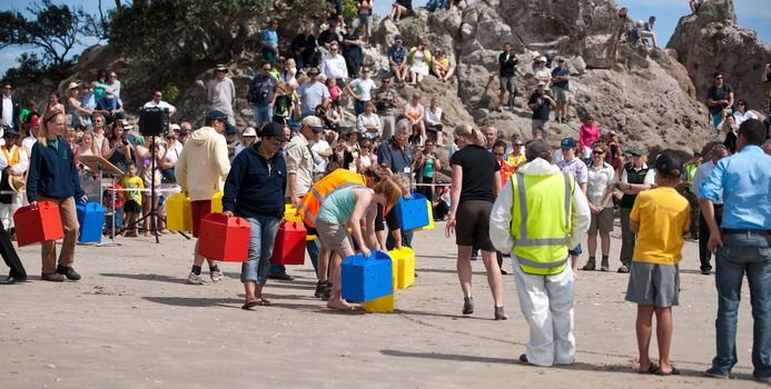 Tauranga, New Zealand - November 22, 2011: Members of WWF Response team, dignitories and public crouch by the boxes of penguins and start the release. The penguins were oiled following the wrecking of the ship Rena off the coast of Tauranga.