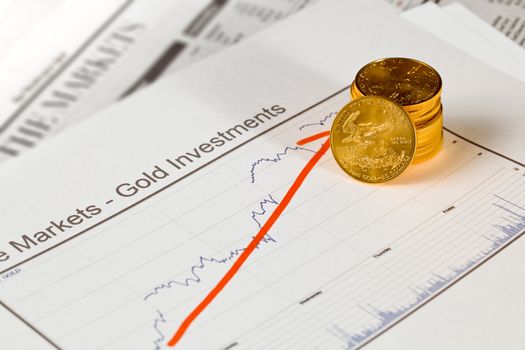Gold Eagle one ounce coins stacked into graph of gold prices on business pages of newspaper with graphs showing increase in value
