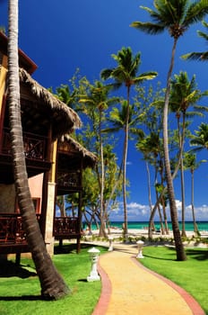 Luxury tropical resort on ocean shore with palm trees