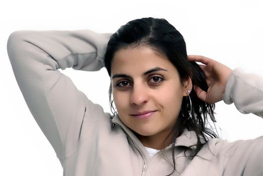 young casual woman portrait in a white background