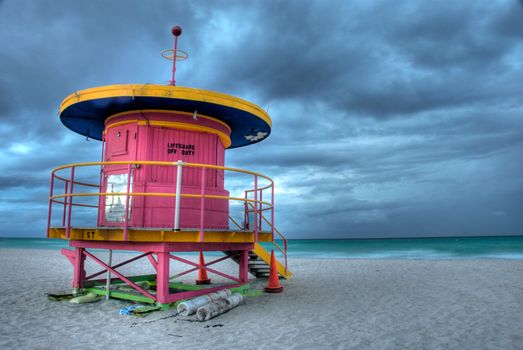 Typical Shelter for Lifeguards in Miami Beach, taken at dusk, in a stormy afternoon.