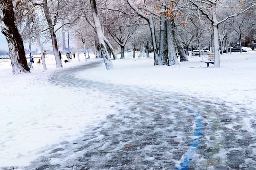 Winter park and recreational trail covered with snow. Beach area, Toronto, Canada.