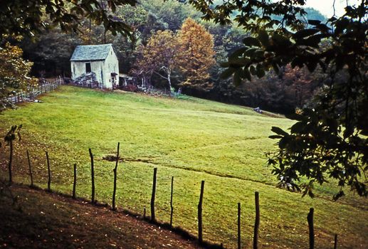 Stone house in autumnal wood