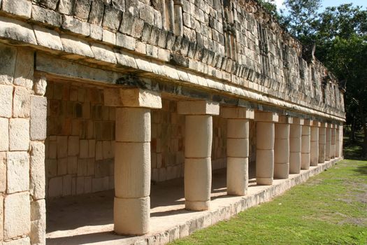 Row of antique maya columns with green grass