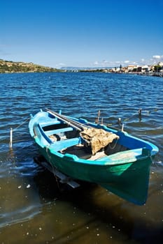 Old fisherman boat on lake with clear sky