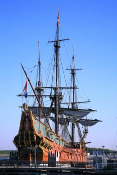 Batavia – historic galleon from Netherlands by sunset. Old ship. Lelystad, Flevoland.