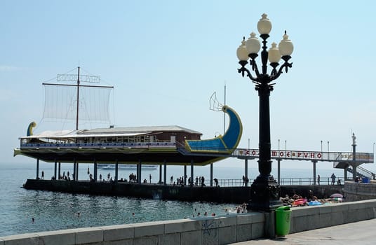 Cafe inside the antique boat on the Yalta quay