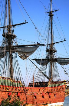 Batavia – historic galleon from Netherlands by sunset. Old ship. Lelystad, Flevoland.
