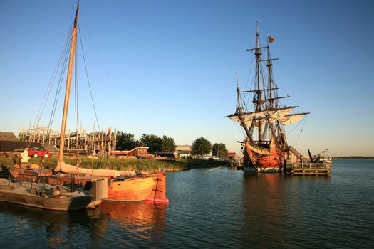 Batavia – historic galleon from Netherlands by sunset. Old ship. Lelystad, Flevoland.