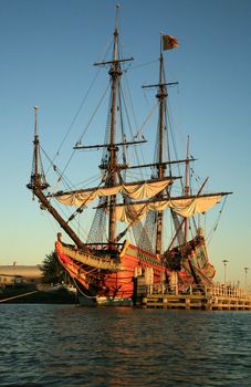 Batavia – historic galleon from Netherlands by sunset. Old ship. Lelystad, Flevoland.