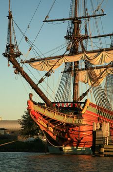 Batavia – historic galleon from Netherlands by sunset. Old ship. Lelystad, Flevoland.