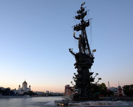 Moscow River. Large monument to tsar Peter the First.