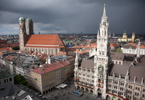 Munich main square Marienplatz and Rathaus at day with amazing sun light