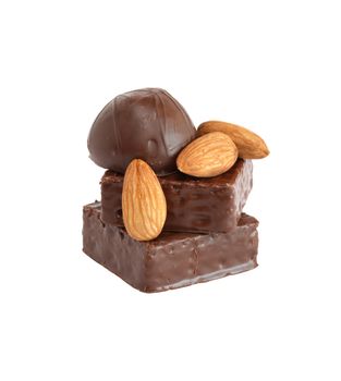 Sweet dessert. Stack of chocolate and almonds on white background. Isolated with clipping path