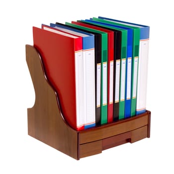 wooden stand with a drawer of folders